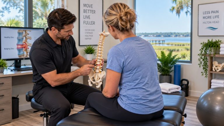 Chiropractor using a spine model to explain a bulging disc to a patient in Hilton Head Island, with a healthy disc versus bulging disc diagram shown on a monitor