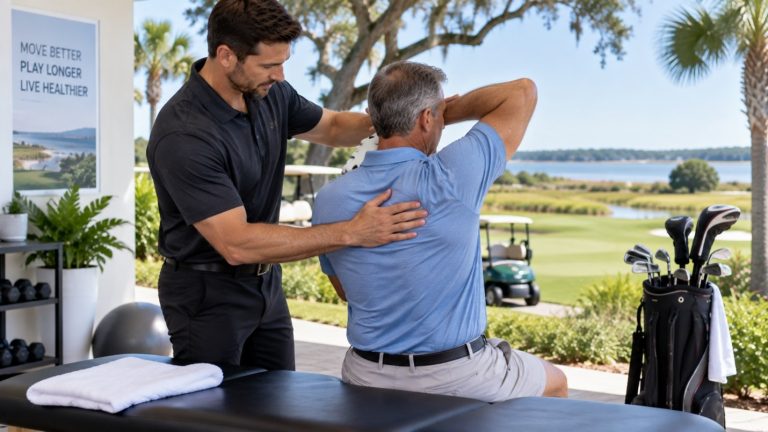 Chiropractor performing a neck and shoulder adjustment on a golfer at an outdoor treatment table overlooking a Hilton Head Island golf course