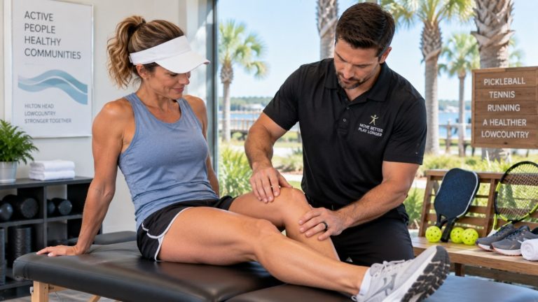 Chiropractor assessing a knee injury on an active patient in Hilton Head Island, with pickleball, tennis, and running gear visible in the treatment room