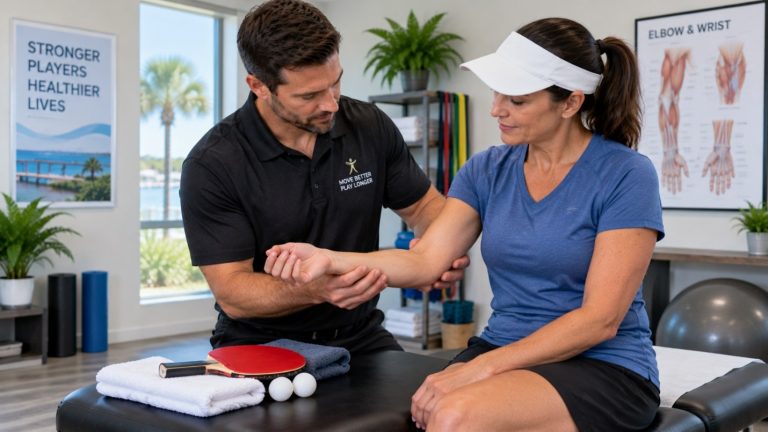 Chiropractor examining a table tennis player's wrist and elbow during a sports injury evaluation in Hilton Head Island, with an elbow and wrist anatomy chart in the background