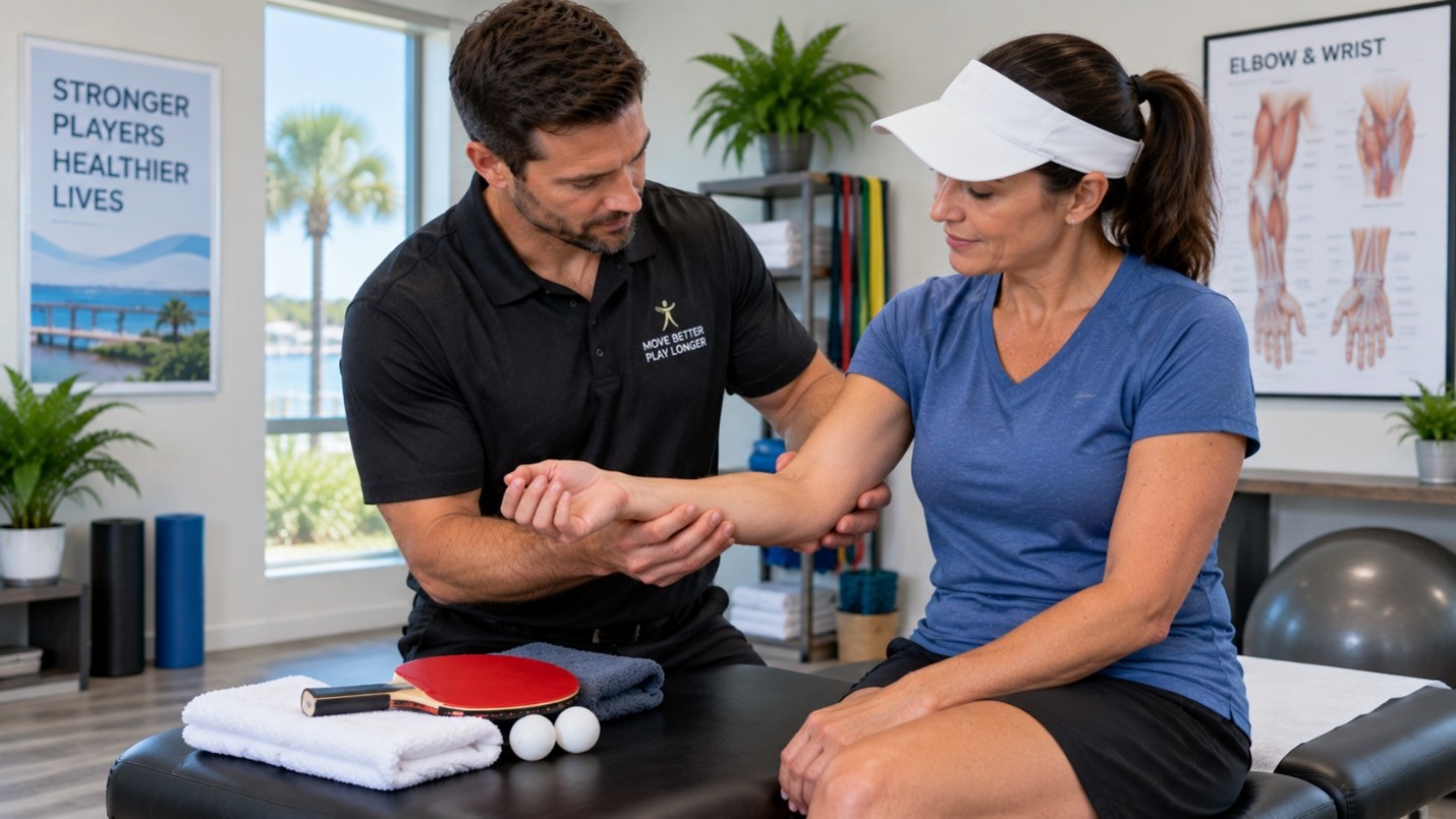 Chiropractor examining a table tennis player's wrist and elbow during a sports injury evaluation in Hilton Head Island, with an elbow and wrist anatomy chart in the background