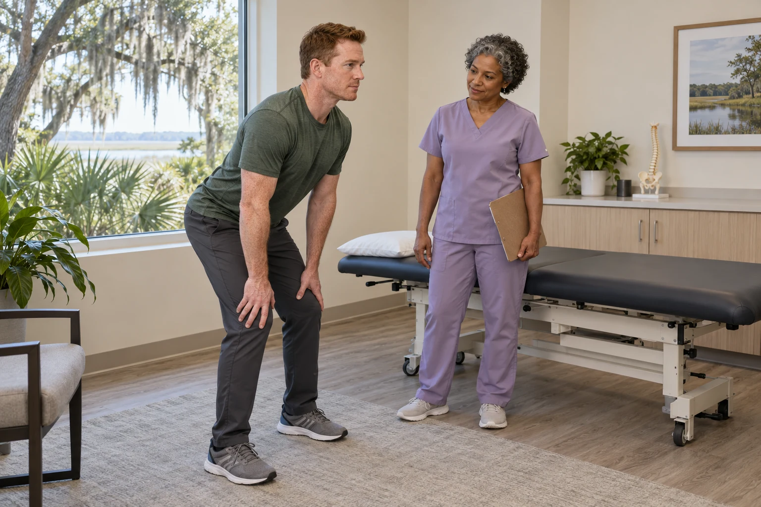Chiropractor assessing lower back pain at Main Street Chiropractic in Hilton Head Island, SC