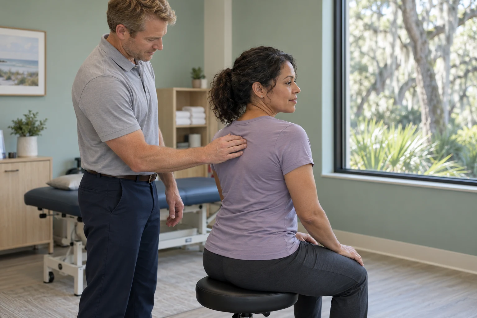 Chiropractor assessing a patient's upper back pain at Main Street Chiropractic in Hilton Head Island, SC
